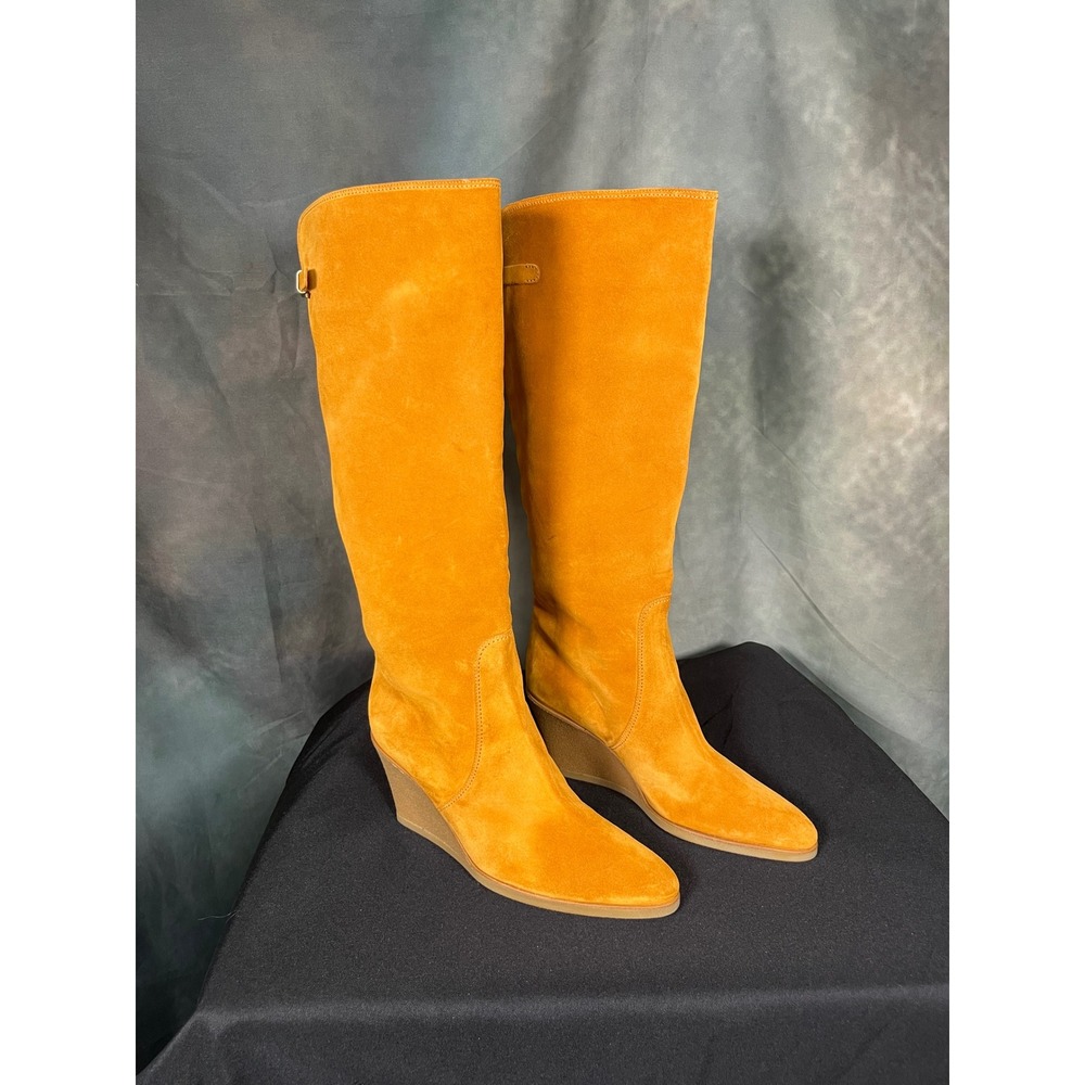 Salvatore Ferragamo Orange Suede Tall Wedge Boots Pointed Toe DY 34105 Size 9 B